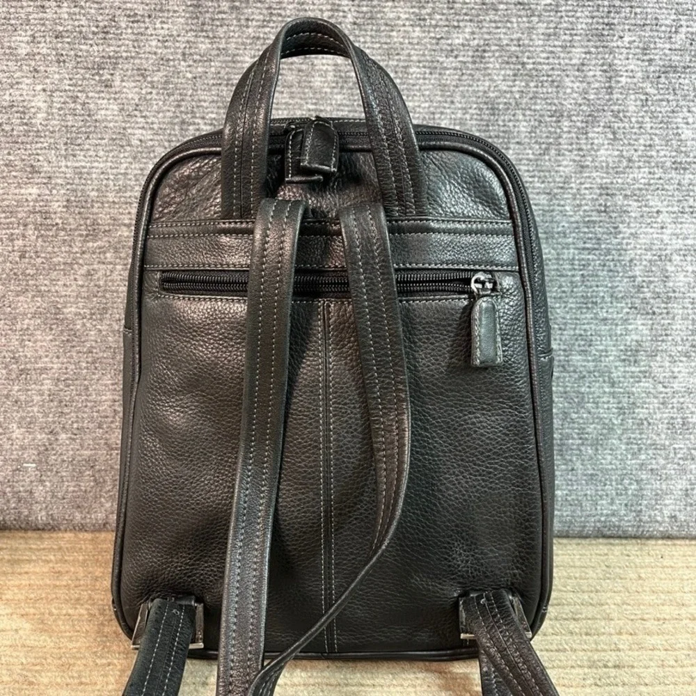 Tignanello Black Pebbled Leather Mini Backpack Organizer Bag Multi Pocket
